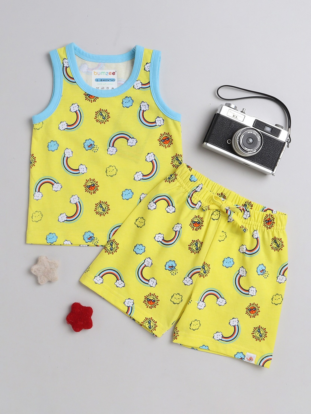 

BUMZEE Boys Printed Pure Cotton T-shirt with Shorts, Yellow