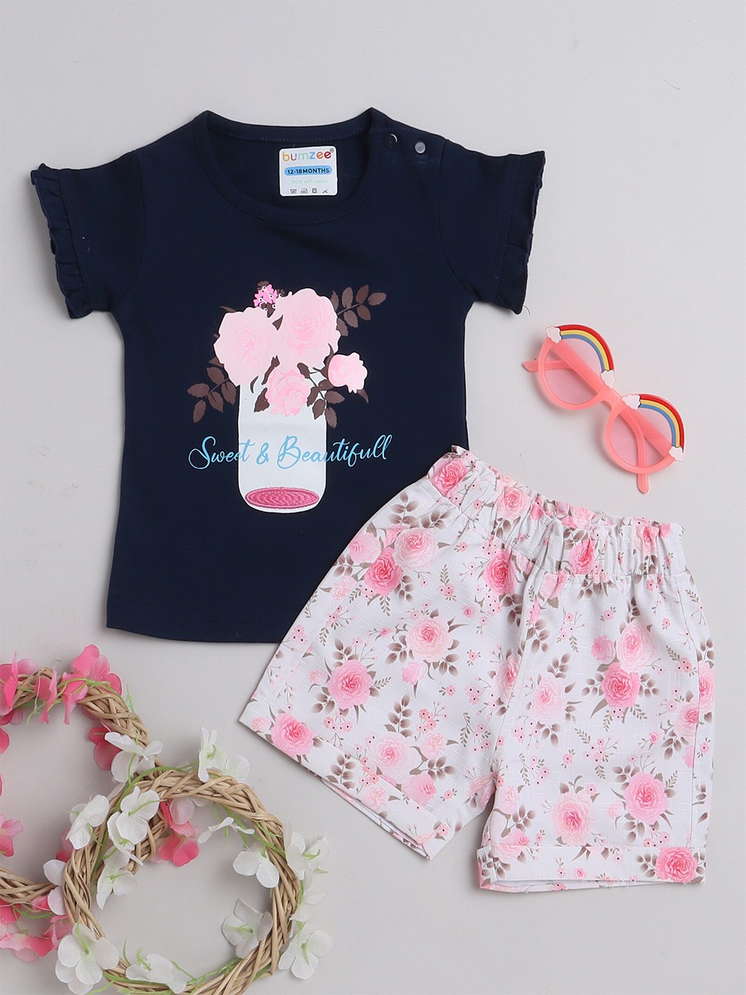 

BUMZEE Girls Printed Top with Shorts, Navy blue