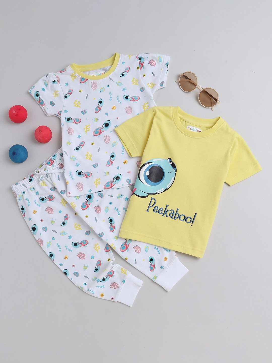 

BUMZEE Infant Girls Printed Pure Cotton T-shirts with Pyjama, White