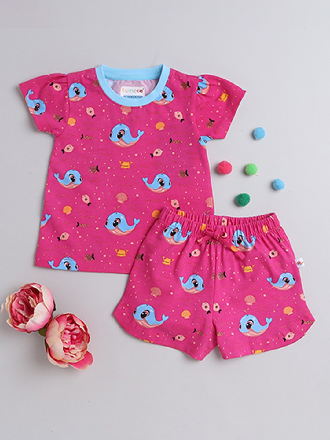 

BUMZEE Girls Printed Pure Cotton T-shirt with Shorts Clothing Set, Pink
