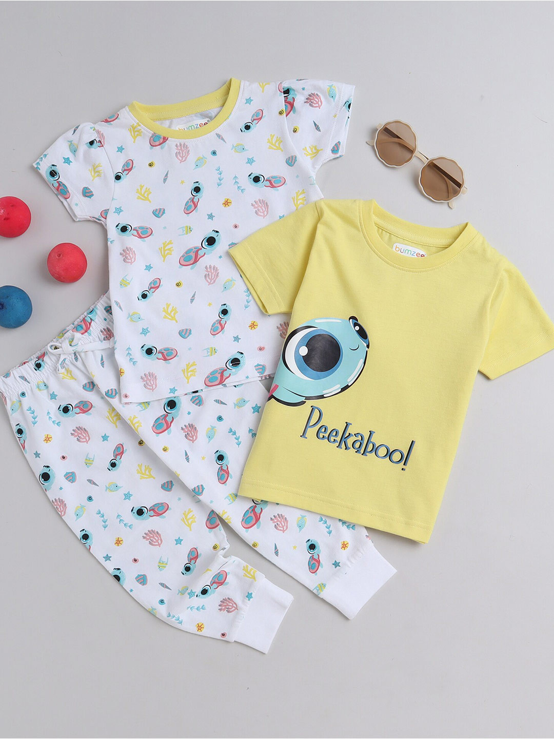 

BUMZEE Girls Pack Of 3 Printed Pure Cotton T-shirt with Pyjamas Clothing Set, White