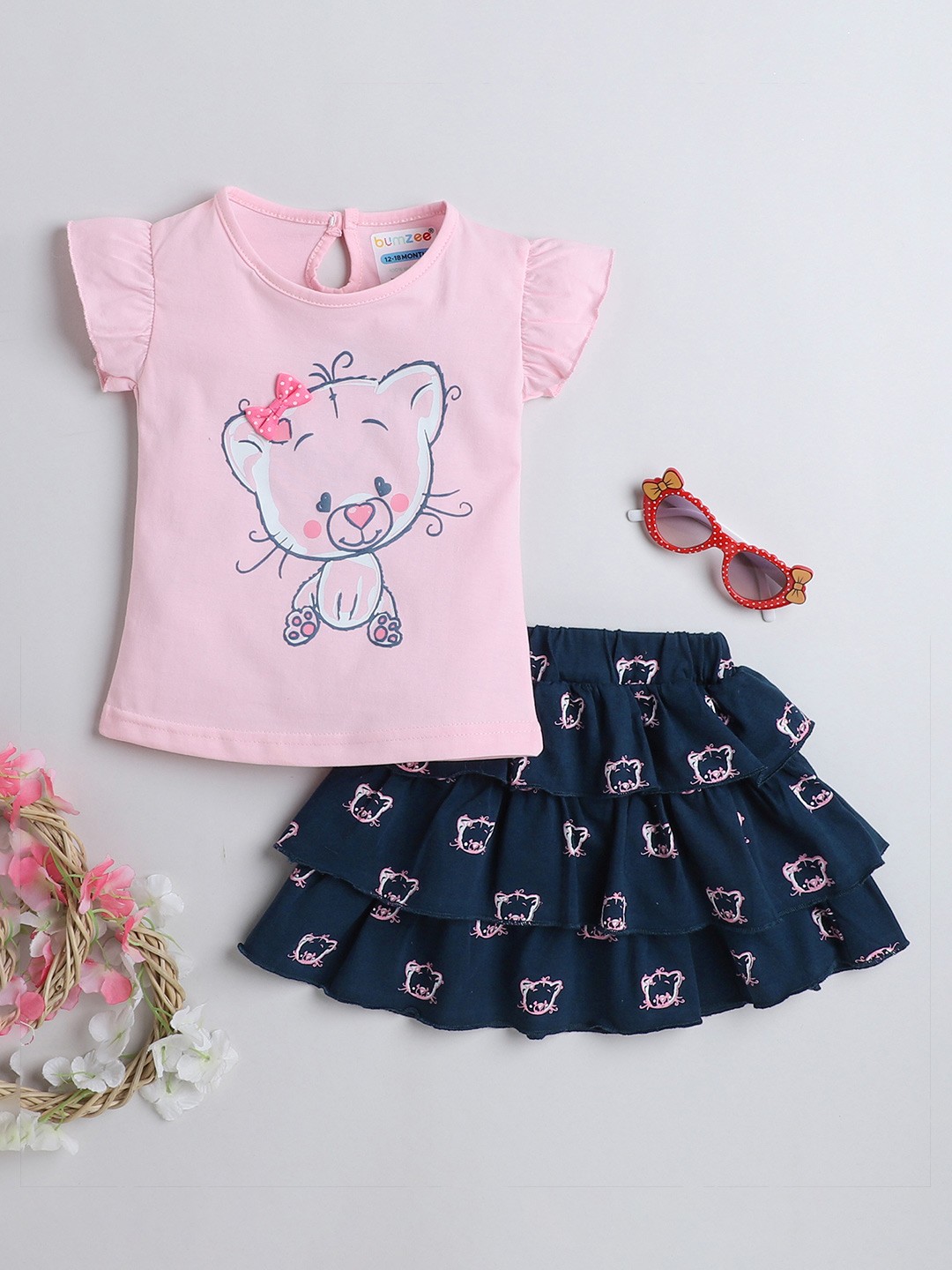 

BUMZEE Girls Pure Cotton T-shirt With Skirt, Pink