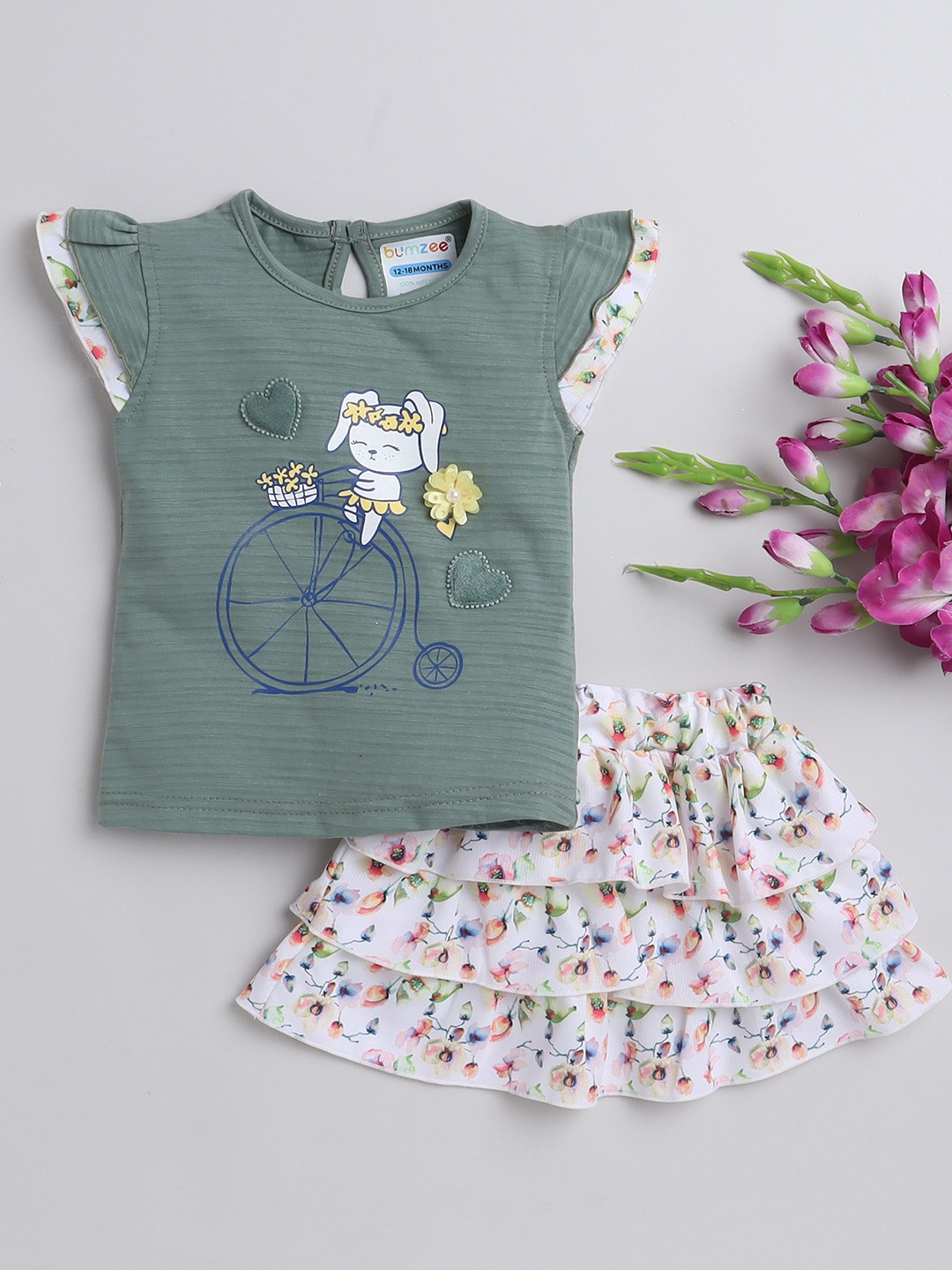 

BUMZEE Girls Pure Cotton T-shirt With Skirt, Green