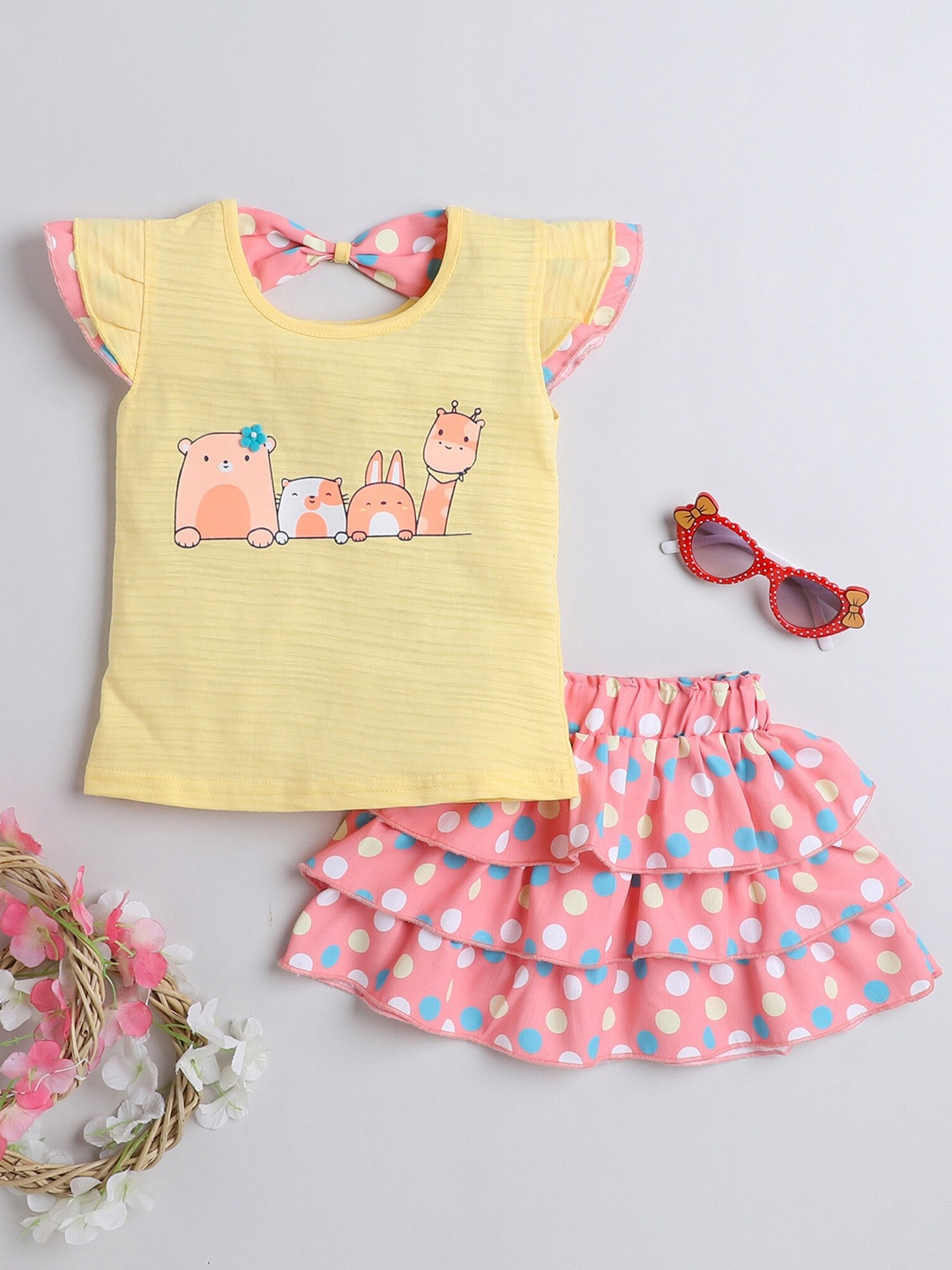 

BUMZEE Girls Printed Pure Cotton Top with Skirt, Yellow