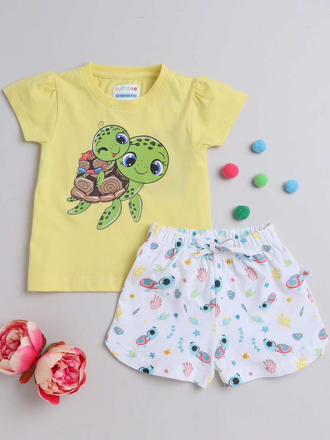 

BUMZEE Girls Printed Pure Cotton T-shirt with Shorts, Yellow