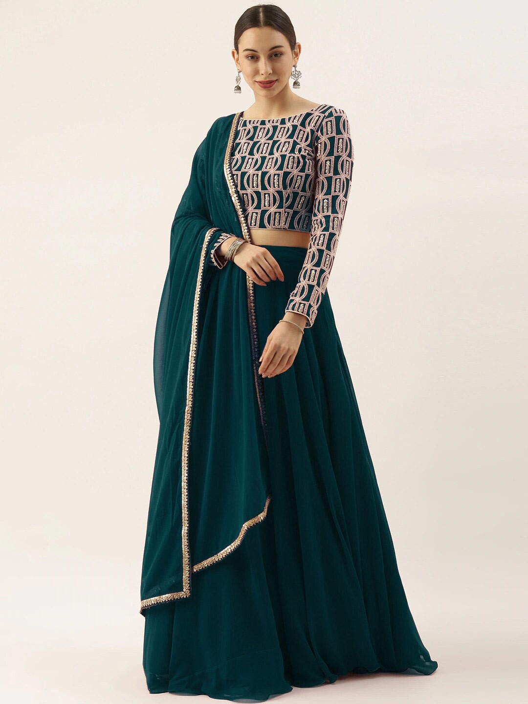 

FABPIXEL Embroidered Semi-Stitched Lehenga & Unstitched Blouse With Dupatta, Teal