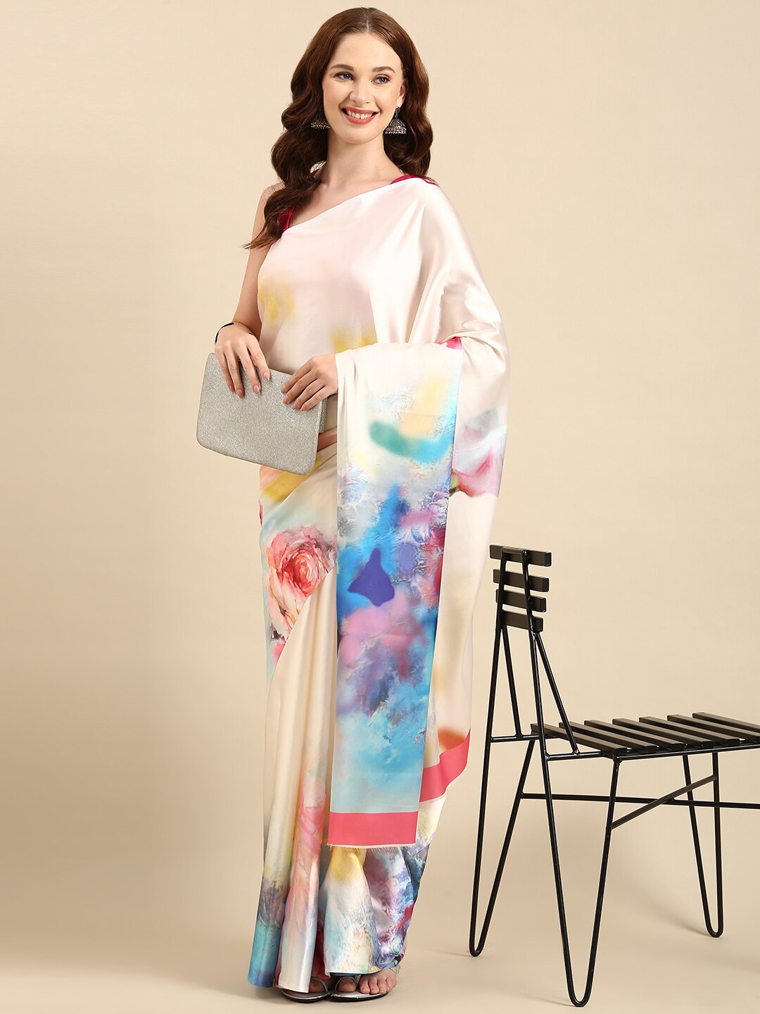 

Anouk Cream-Coloured & Blue Floral Printed Satin Saree