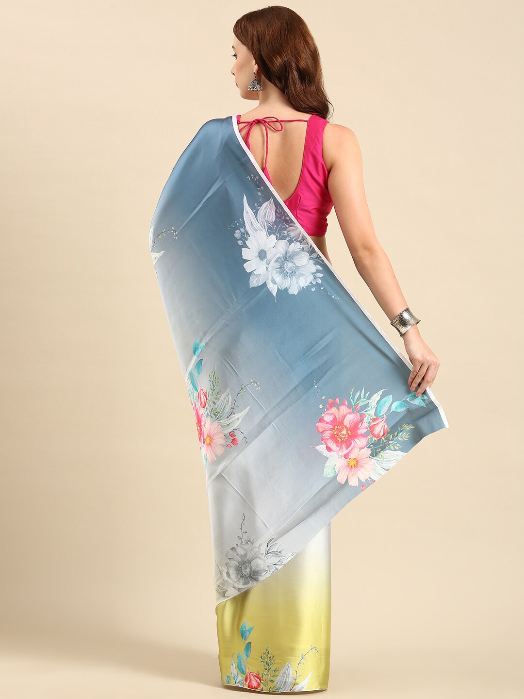 

Anouk Grey & Yellow Floral Printed Satin Saree