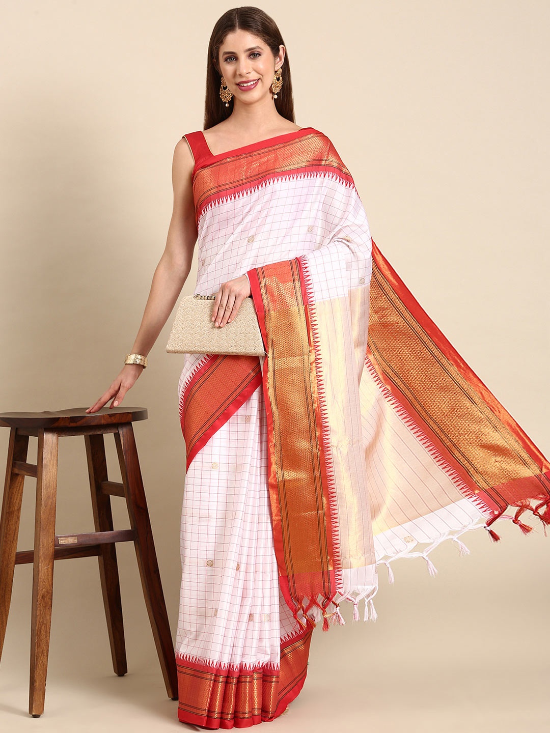 

Anouk White & Red Checked Kanjeevaram Saree