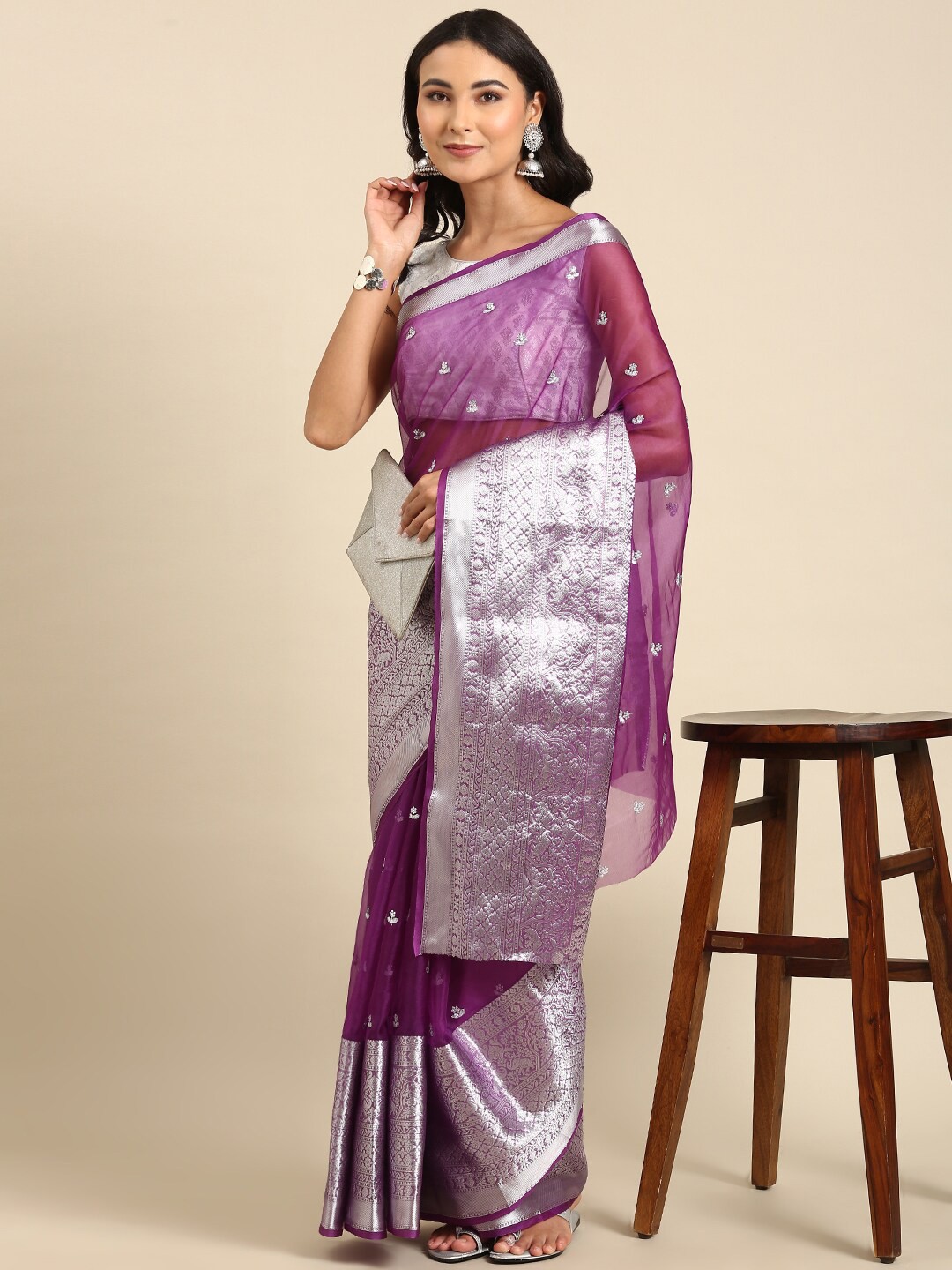

Anouk Purple & Silver-Toned Floral Embroidered Sequin Organza Saree