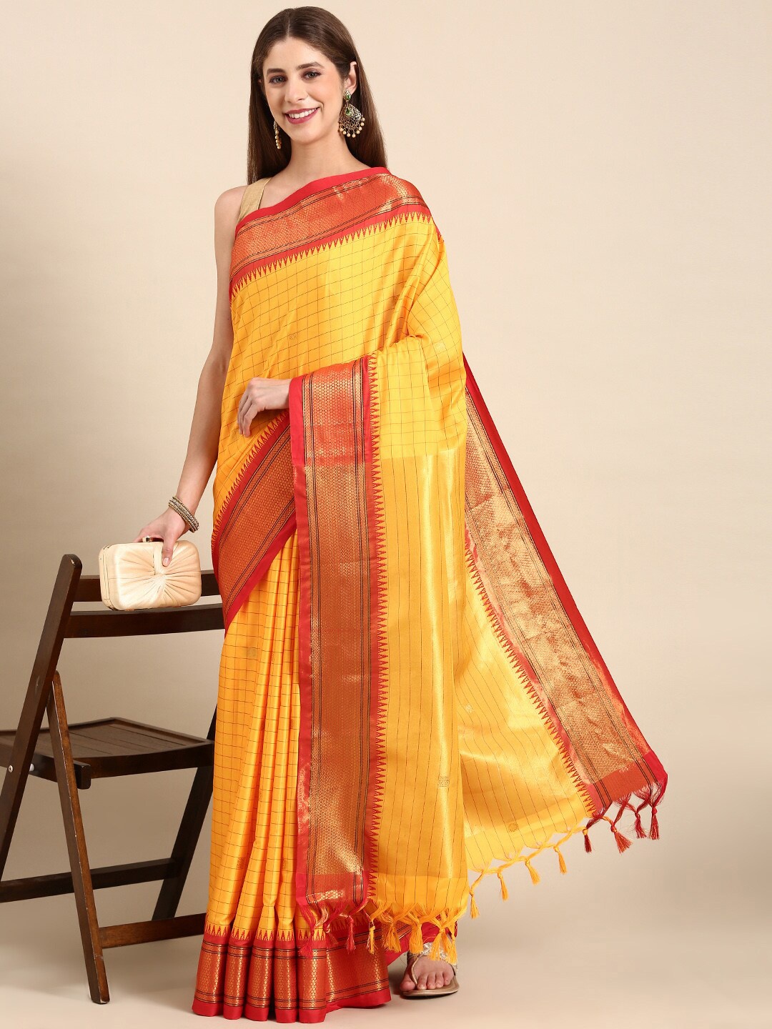 

Anouk Yellow & Red Checked Kanjeevaram Saree