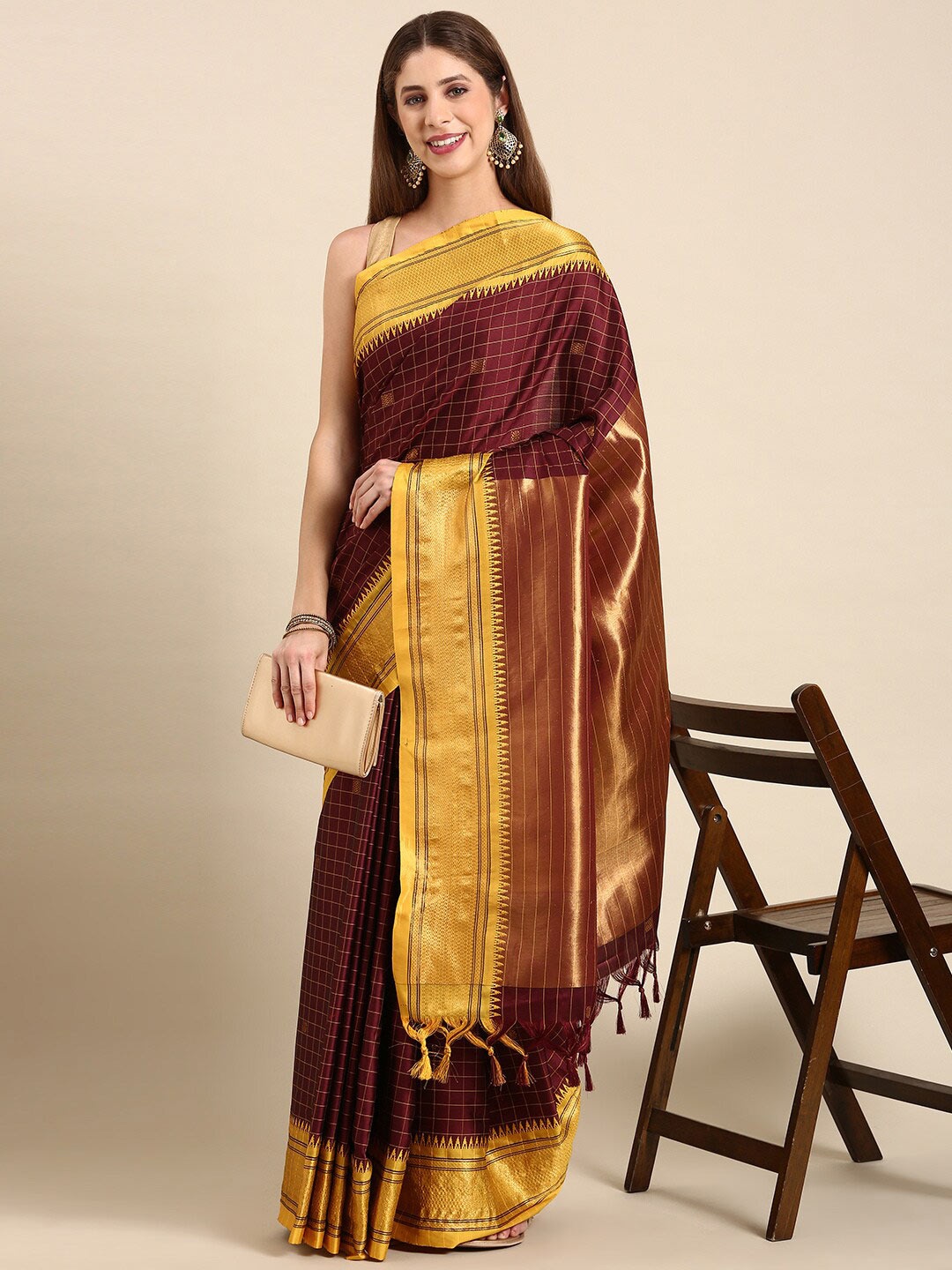 

Anouk Maroon & Yellow Checked Kanjeevaram Saree