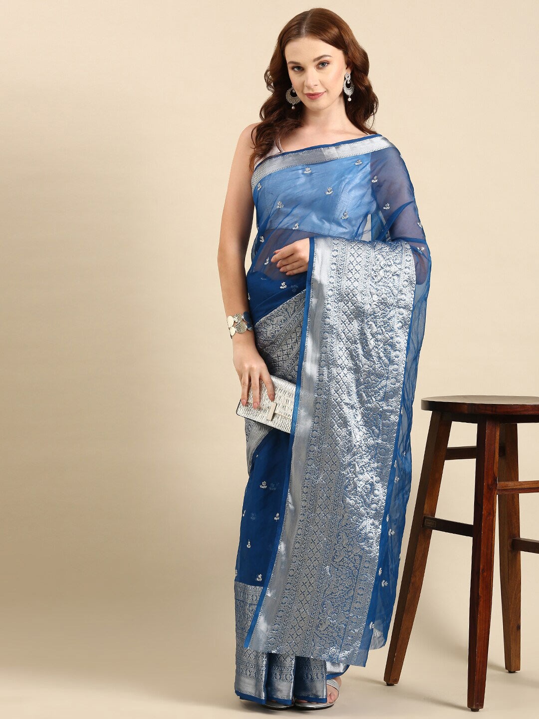 

Anouk Teal & Silver-Toned Floral Embroidered Sequin Organza Saree