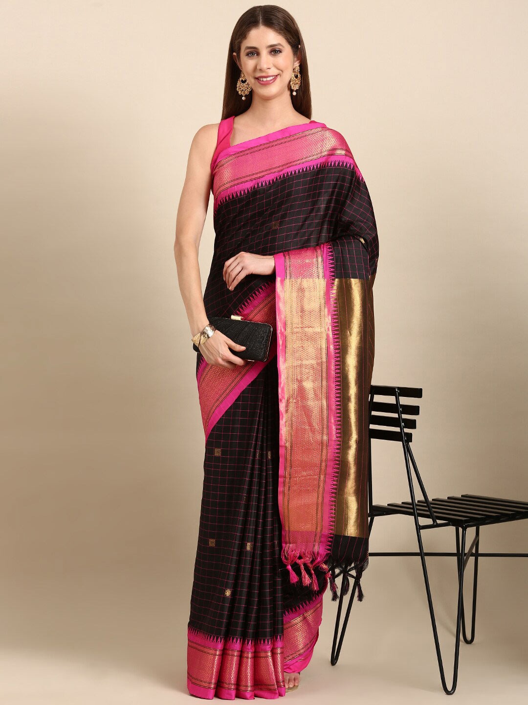 

Anouk Black & Pink Checked Kanjeevaram Saree