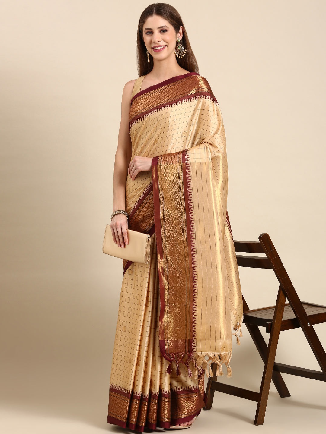 

Anouk Beige & Maroon Checked Kanjeevaram Saree