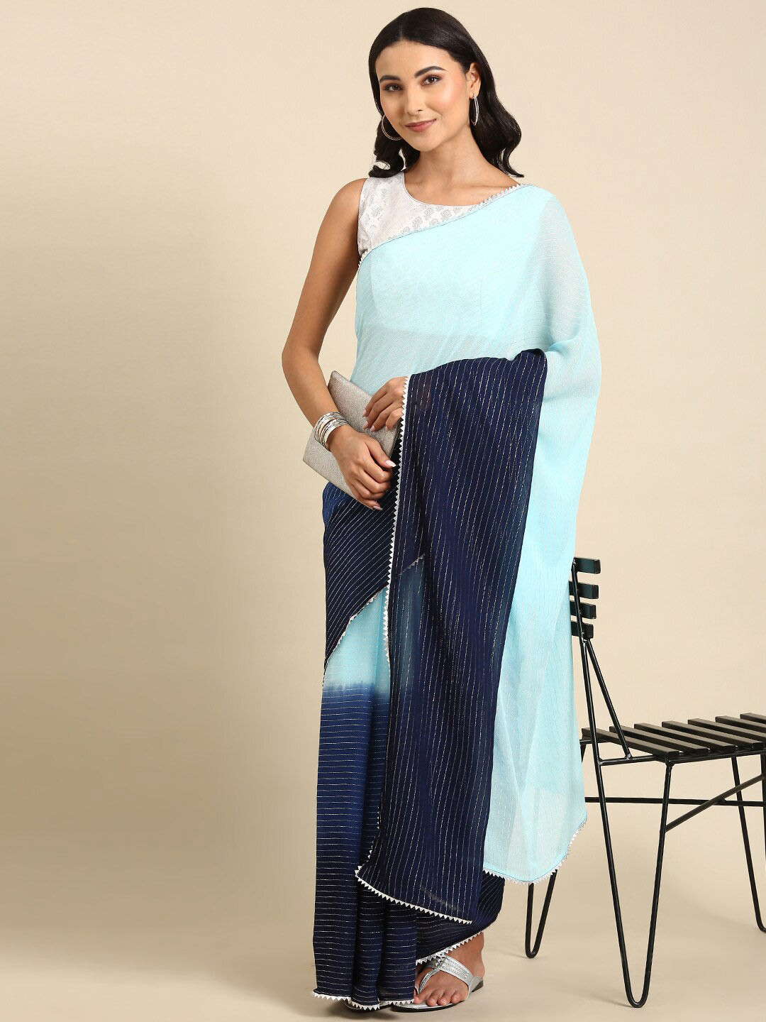 

Anouk Blue & Navy Blue Striped Gotta Patti Pure Georgette Saree