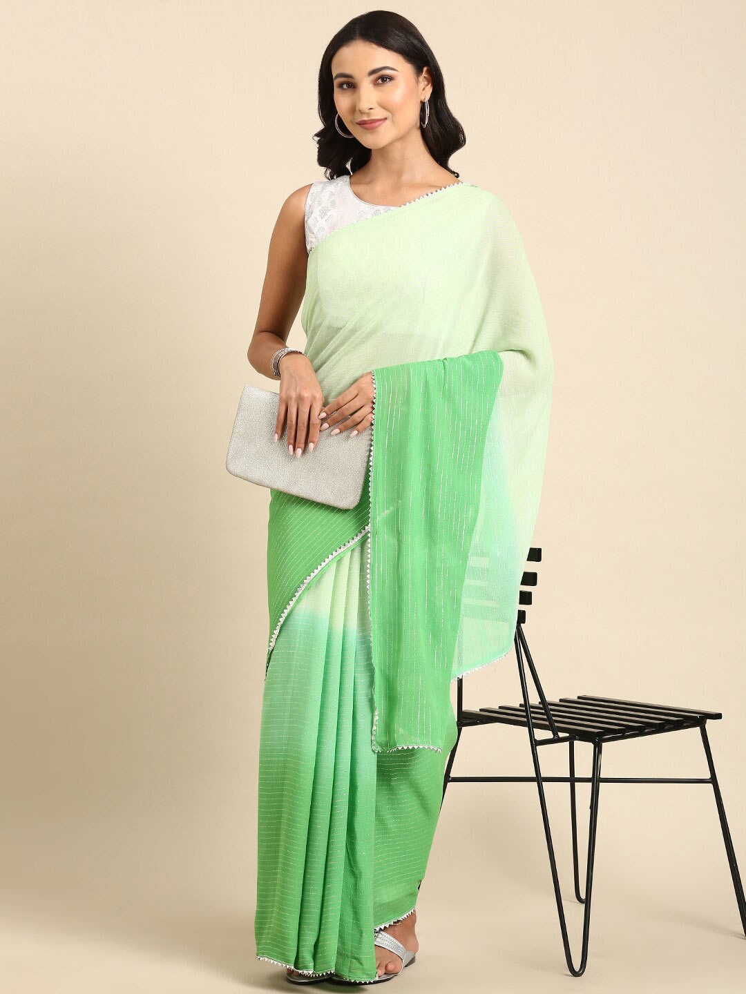 

Anouk Green & Silver-Toned Striped Gotta Patti Pure Georgette Saree