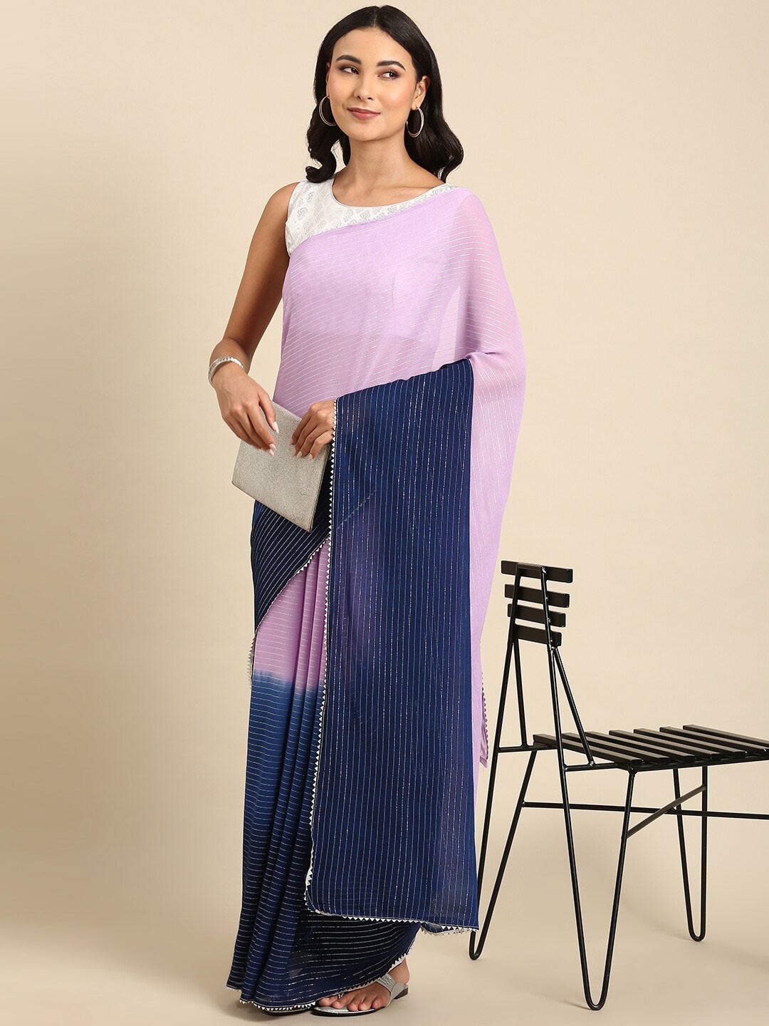 

Anouk Lavender & Navy Blue Striped Gotta Patti Pure Georgette Saree