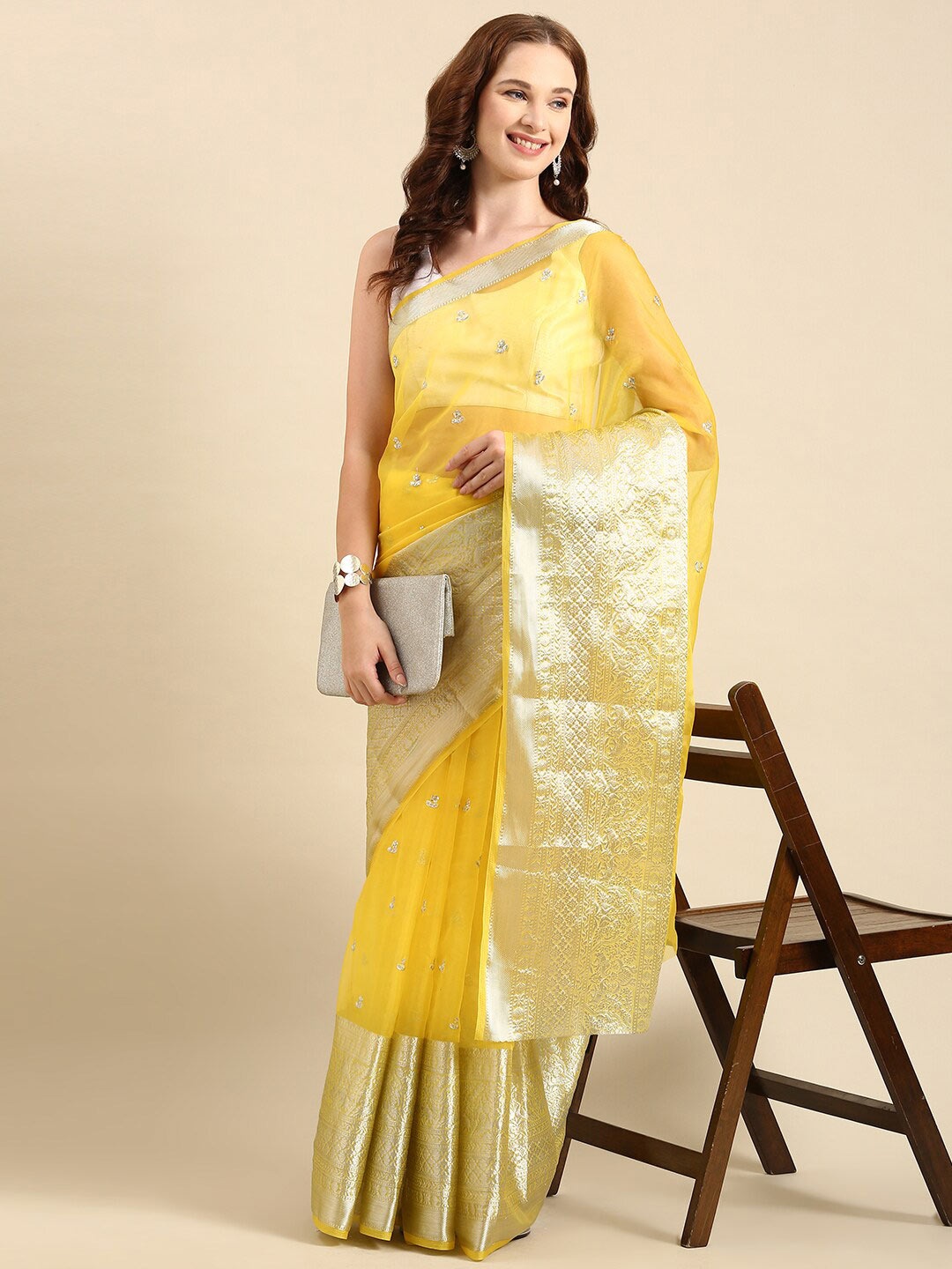 

Anouk Yellow & Gold-Toned Floral Embroidered Sequin Organza Saree