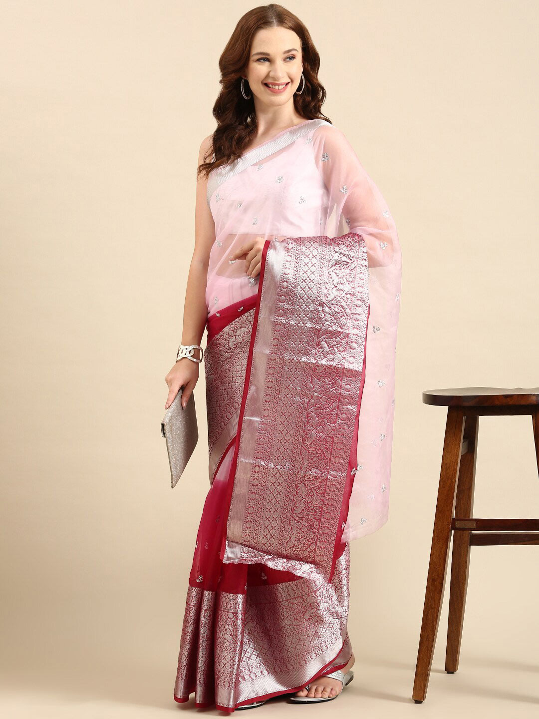 

Anouk Pink & Silver-Toned Floral Embroidered Sequin Organza Saree