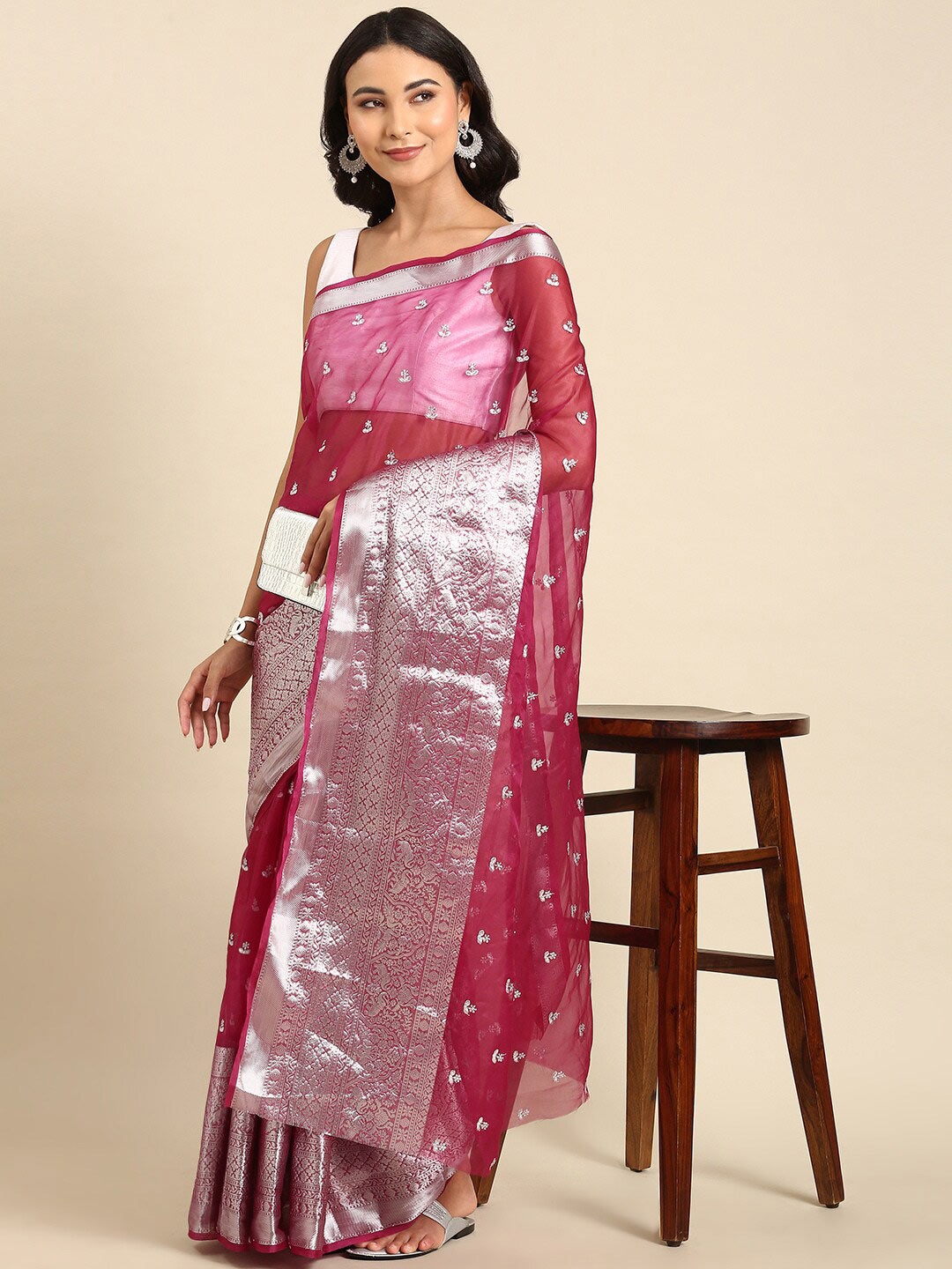 

Anouk Magenta & Silver-Toned Floral Embroidered Sequin Organza Saree