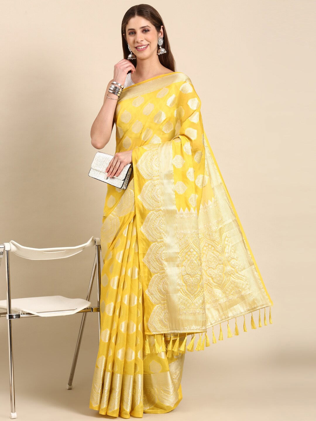 

Anouk Yellow & Gold-Toned Ethnic Motif Woven Design Organza Banarasi Saree