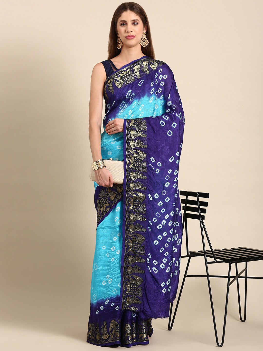

Anouk Blue & Gold-Toned Bandhani Printed Saree