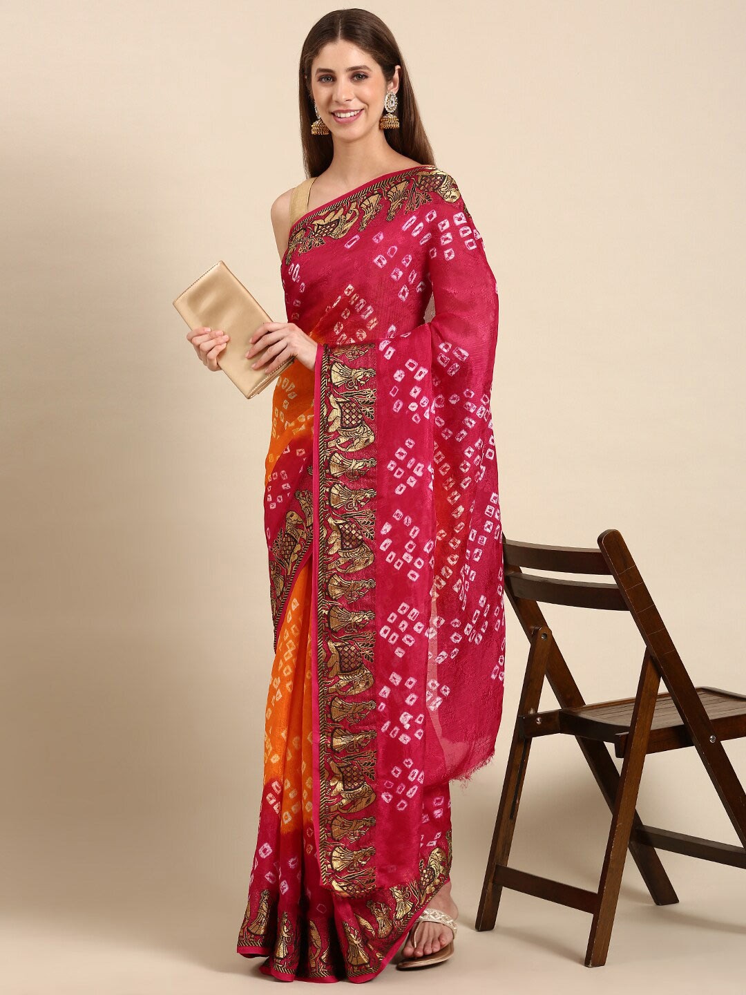 

Anouk Orange & Red Bandhani Printed Saree