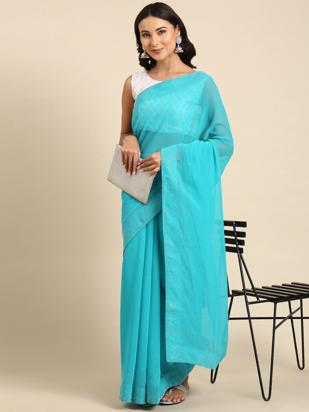 

Anouk Teal Blue Embellished Poly Georgette Saree