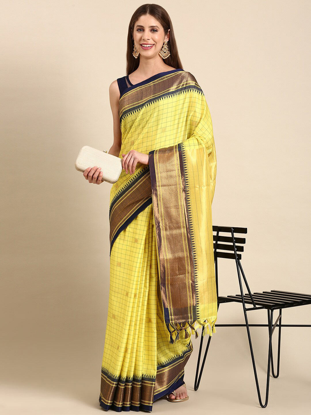 

Anouk Yellow & navy blue Checked Kanjeevaram Saree