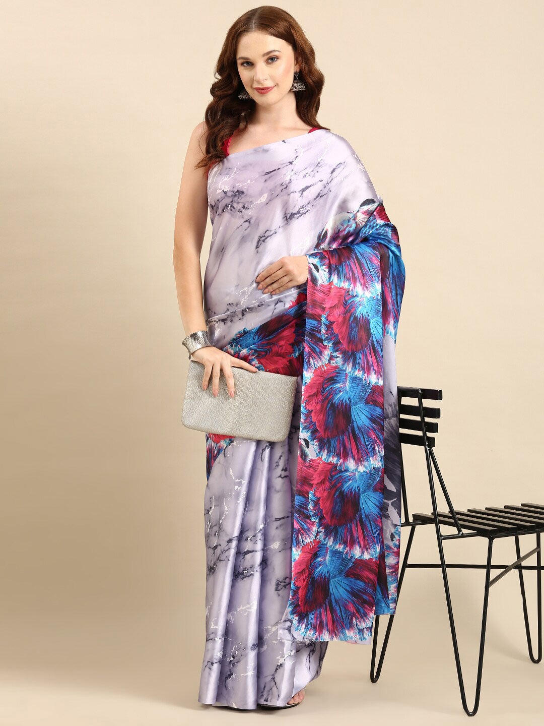 

Anouk Grey & Pink Floral Printed Satin Saree, Lavender