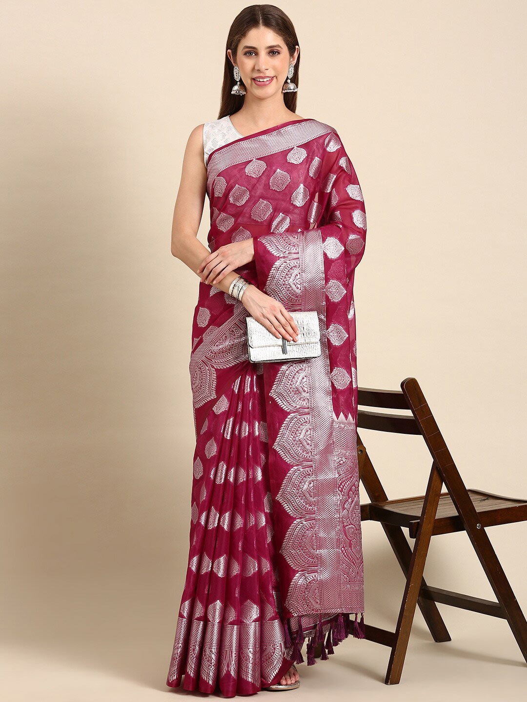 

Anouk Burgundy & Silver-Toned Ethnic Woven Design Organza Banarasi Saree