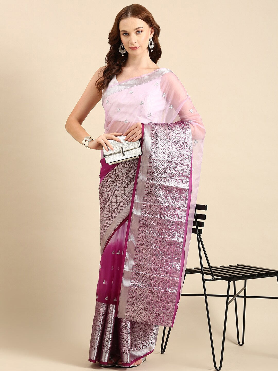 

Anouk Pink & Silver-Toned Floral Embroidered Organza Saree