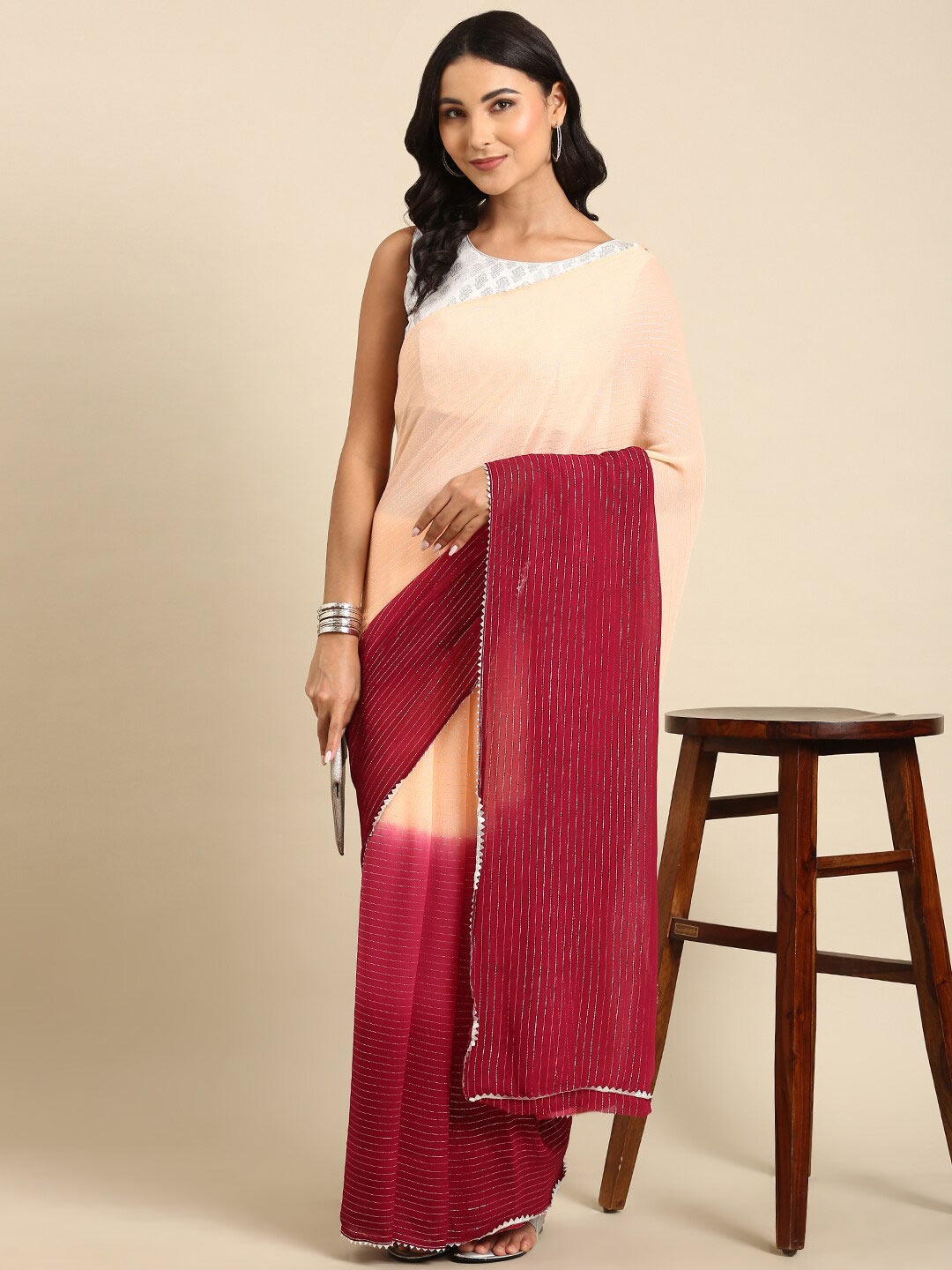 

Anouk Peach-Coloured & Red Striped Pure Georgette Saree