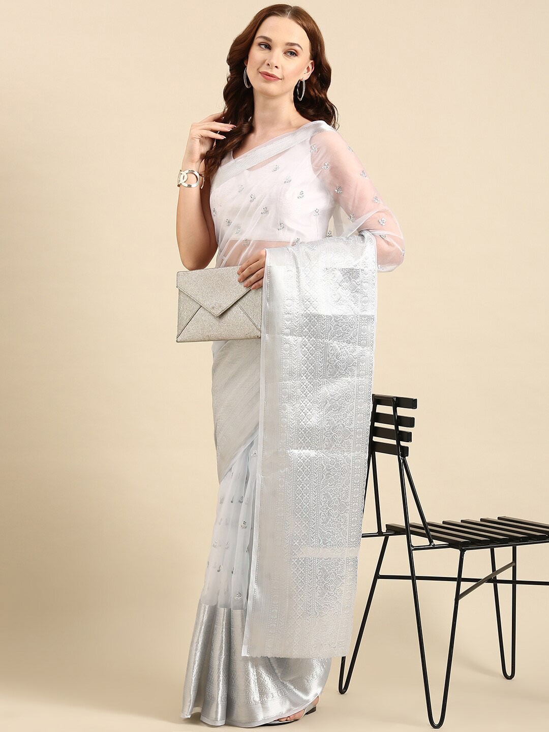

Anouk White Floral Embroidered Organza Saree