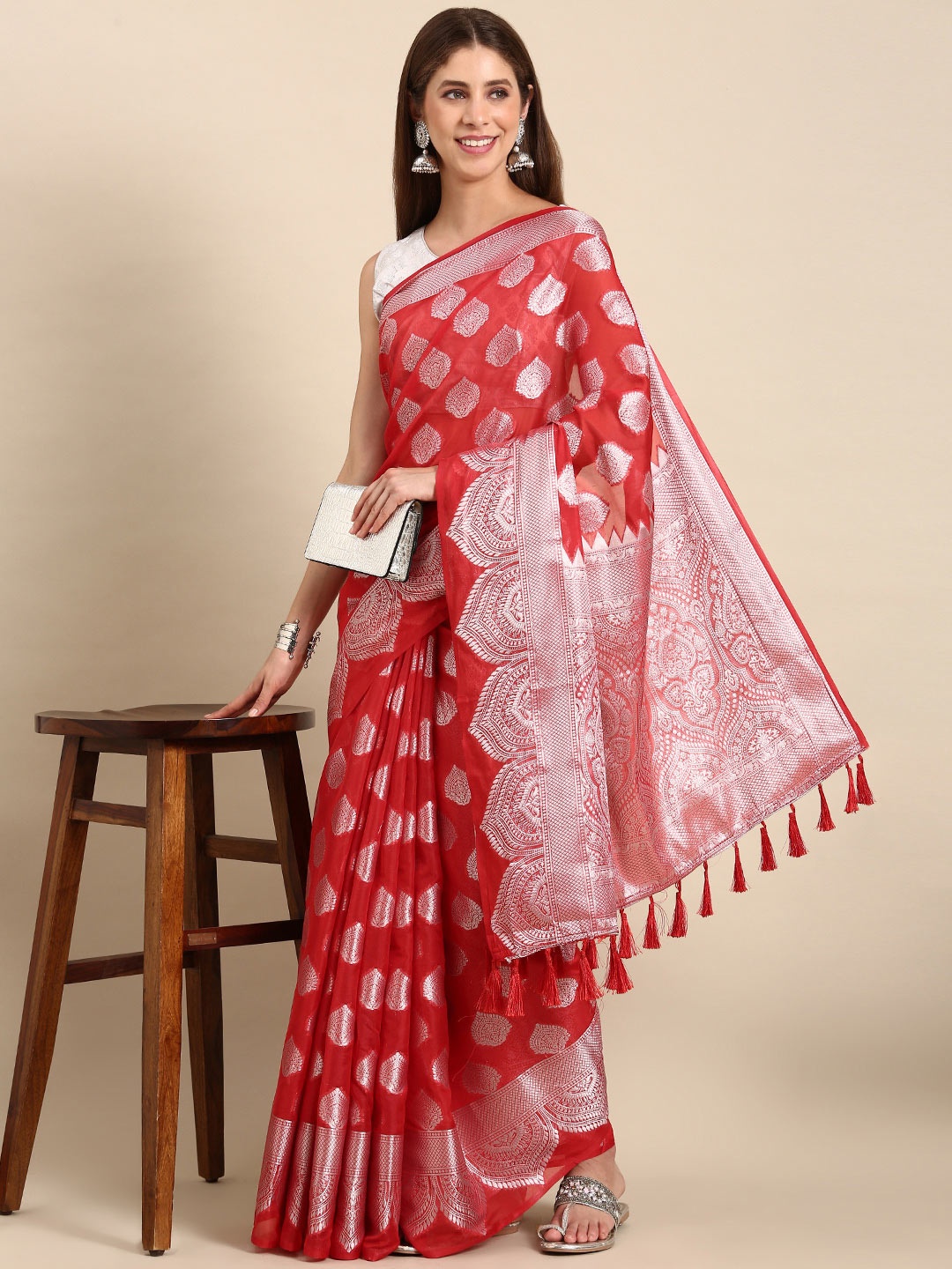 

Anouk Red & Silver-Toned Ethnic Woven Design Organza Banarasi Saree