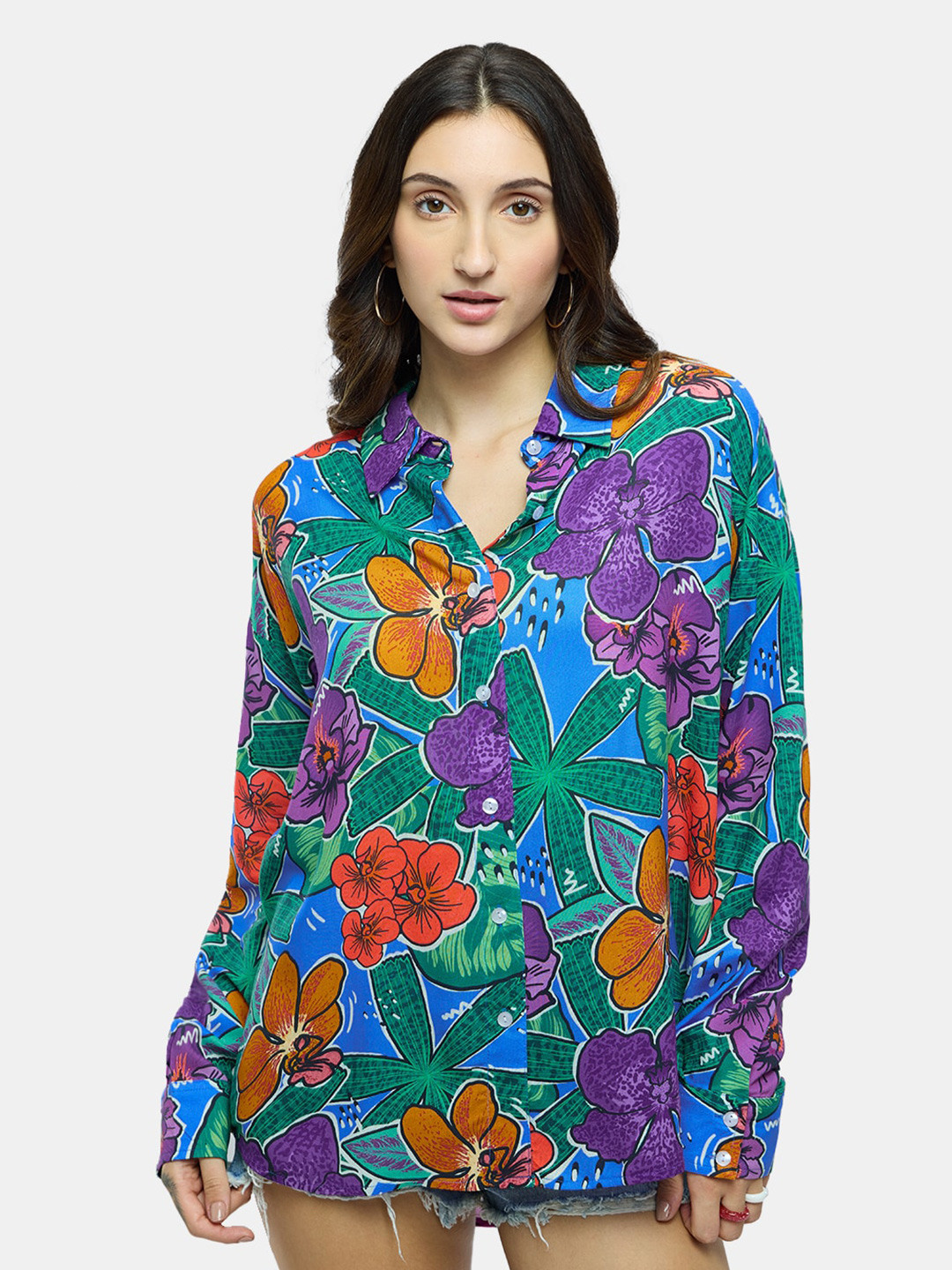 

The Souled Store Blue & Green Floral Printed Pure Cotton Casual Shirt