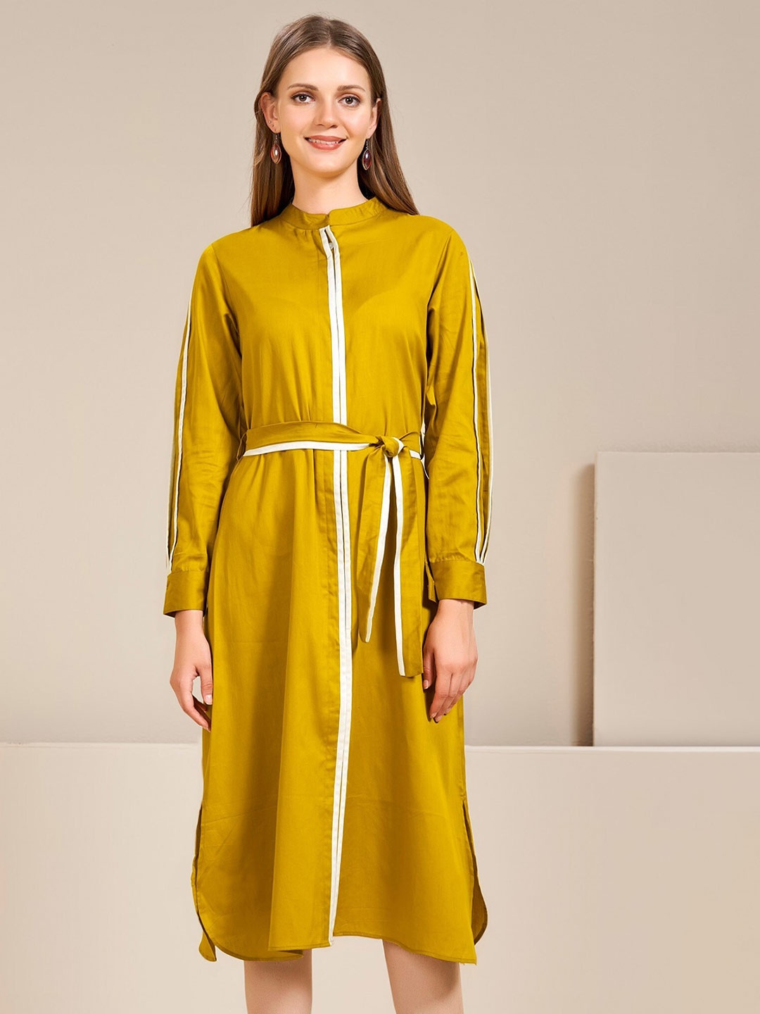 

Bannos Swagger Mandarin Collar Cotton A-Line Dress With Belt, Mustard