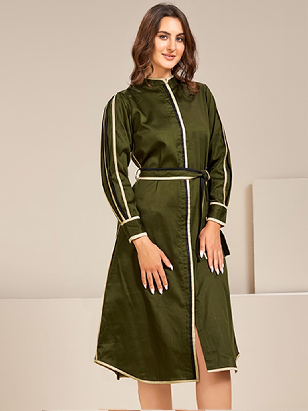

Bannos Swagger Mandarin Collar Cotton A-Line Dress With Belt, Olive