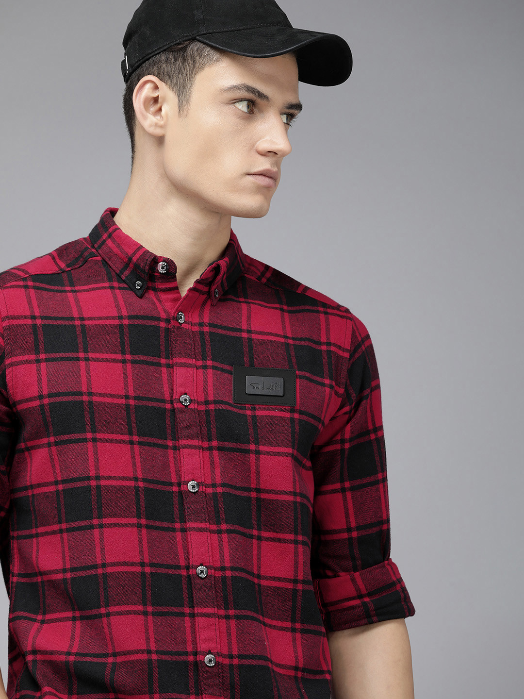 

THE BEAR HOUSE Men Slim Fit Flannel Cotton Checked Casual Shirt, Red