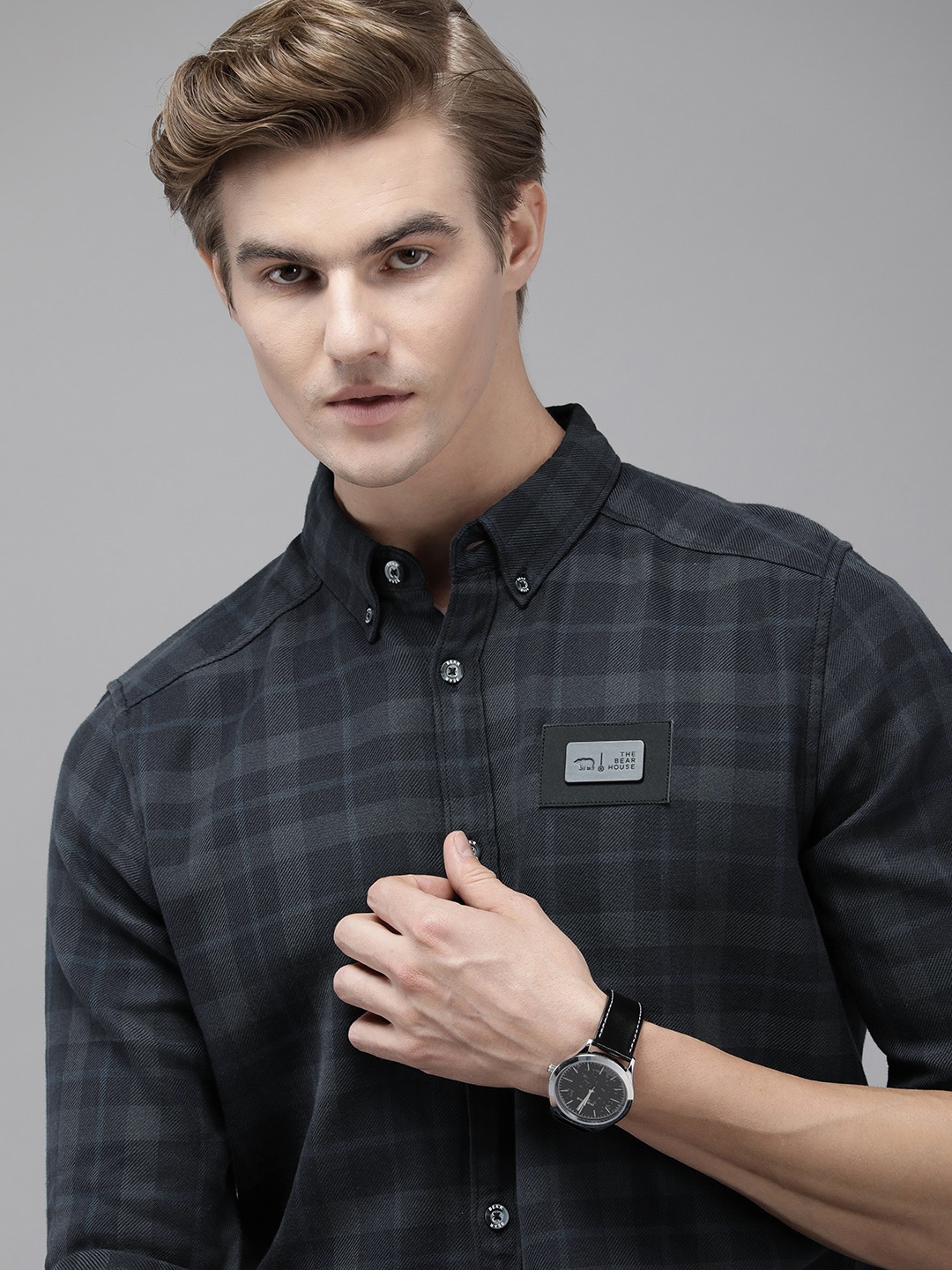 

THE BEAR HOUSE Men Slim Fit Opaque Checked Casual Shirt, Grey