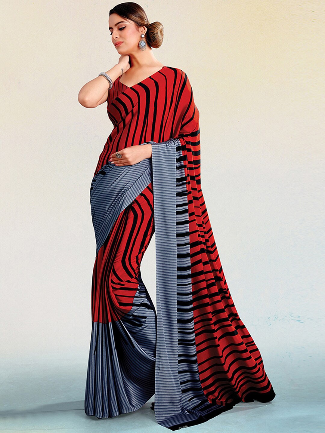 

Satrani Red & Grey Striped Printed Saree