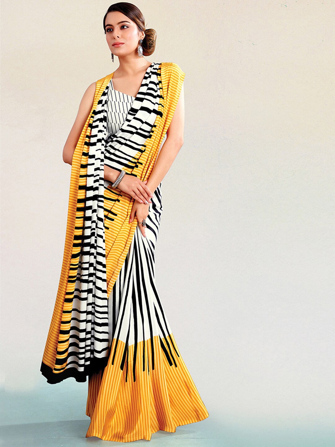 

Satrani White & Yellow Striped Silk Blend Saree