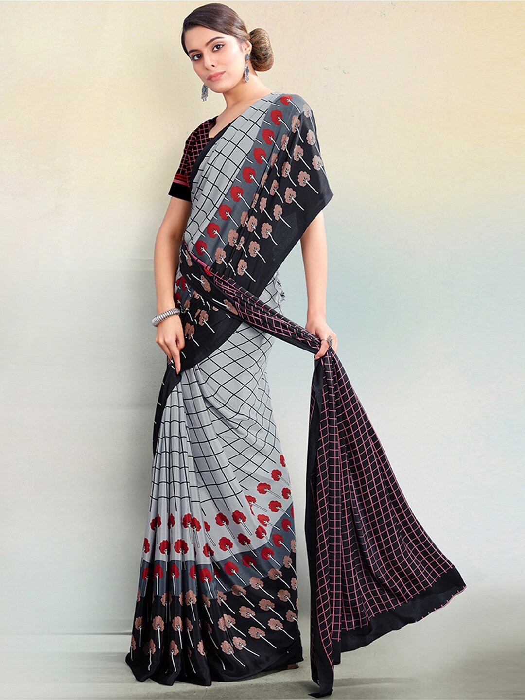 

Satrani Grey & Black Checked Silk Blend Saree