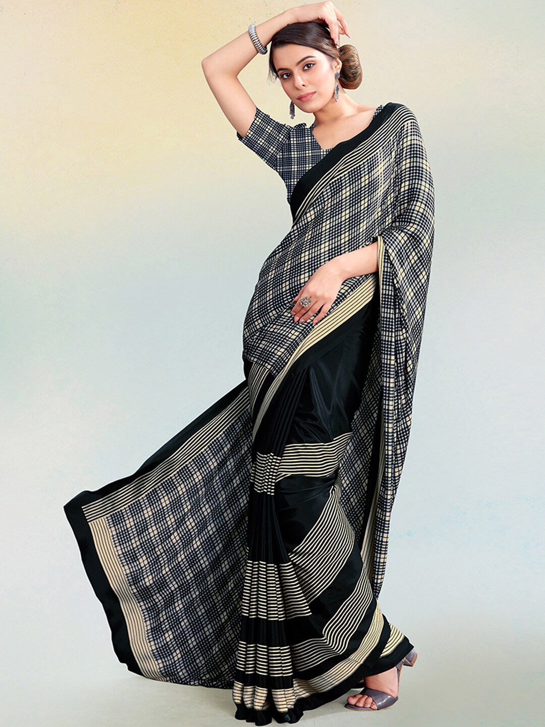 

Satrani Black & Beige Checked Silk Blend Saree