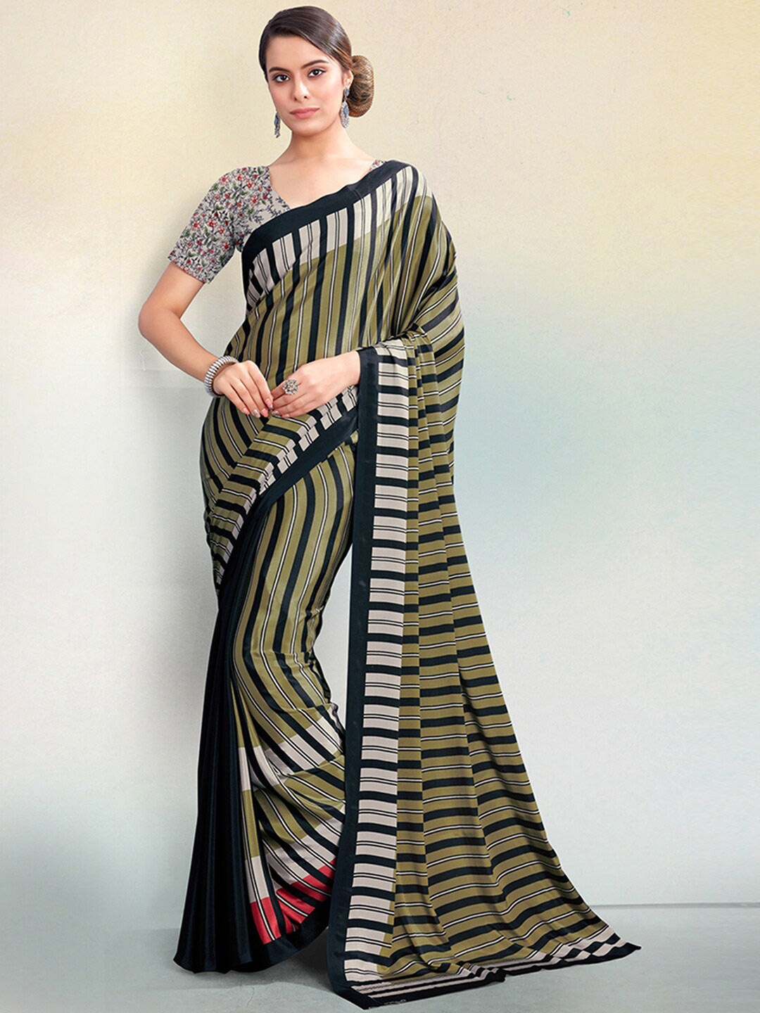 

Satrani Olive Green & Black Striped Silk Blend Saree