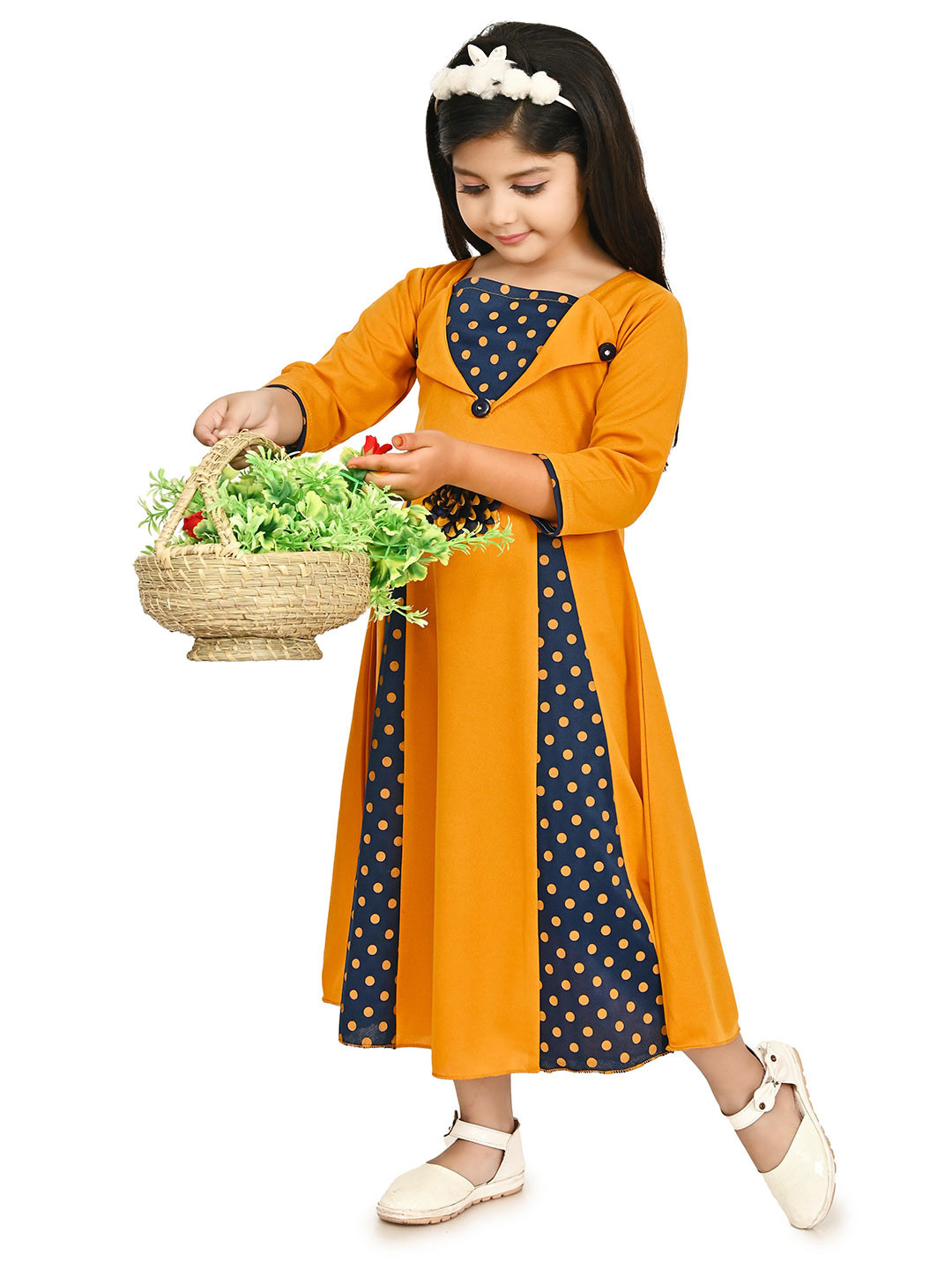 

carrydreams Girls Print Fit & Flare Midi Dress, Mustard
