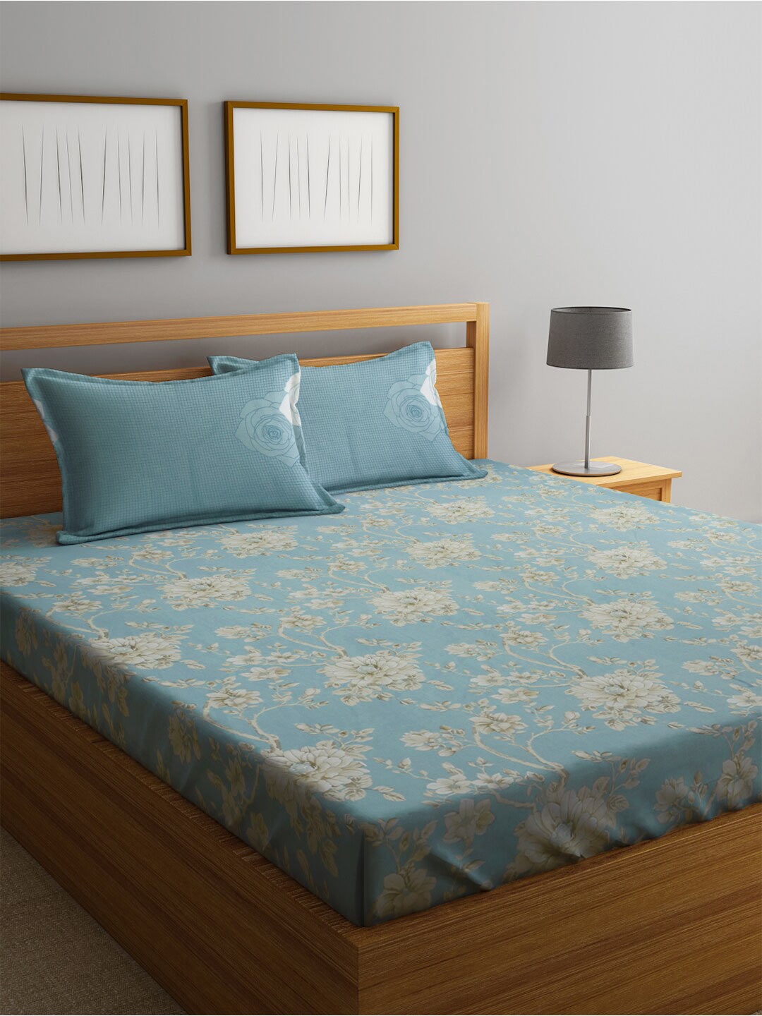 

KLOTTHE Turquoise Blue Floral 400 TC Pure Cotton Fitted Super King Double Bedsheet Set