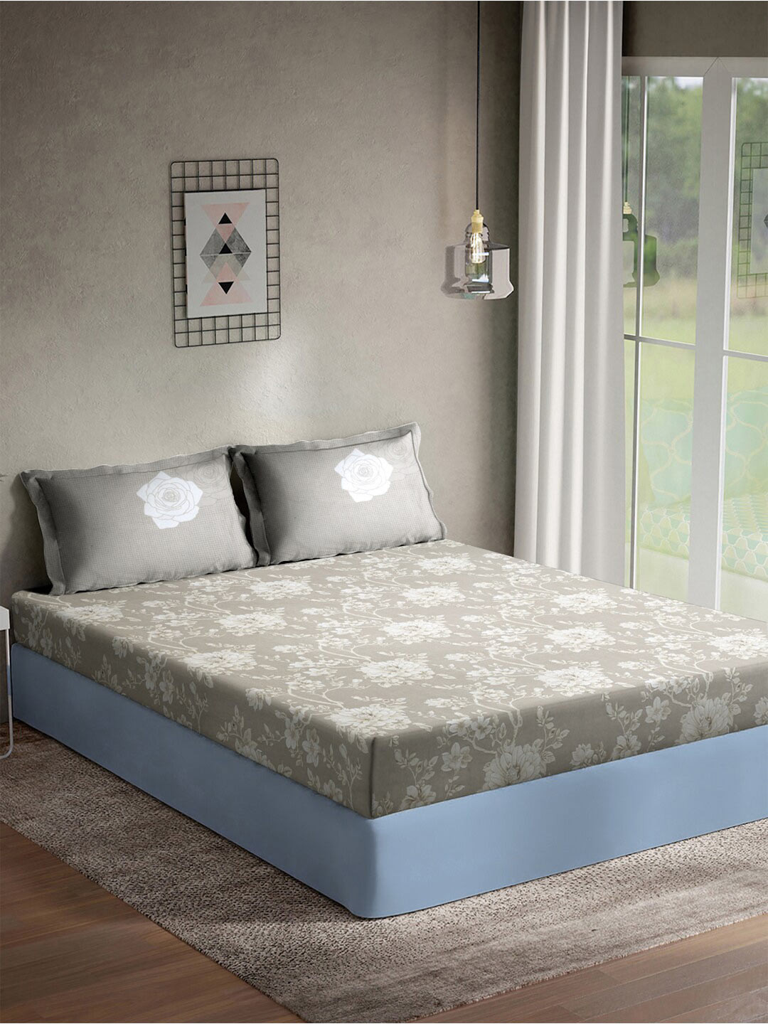 

KLOTTHE Grey Floral 400 TC Fitted Pure Cotton Super King Double Bedsheet & 2 Pillow Covers