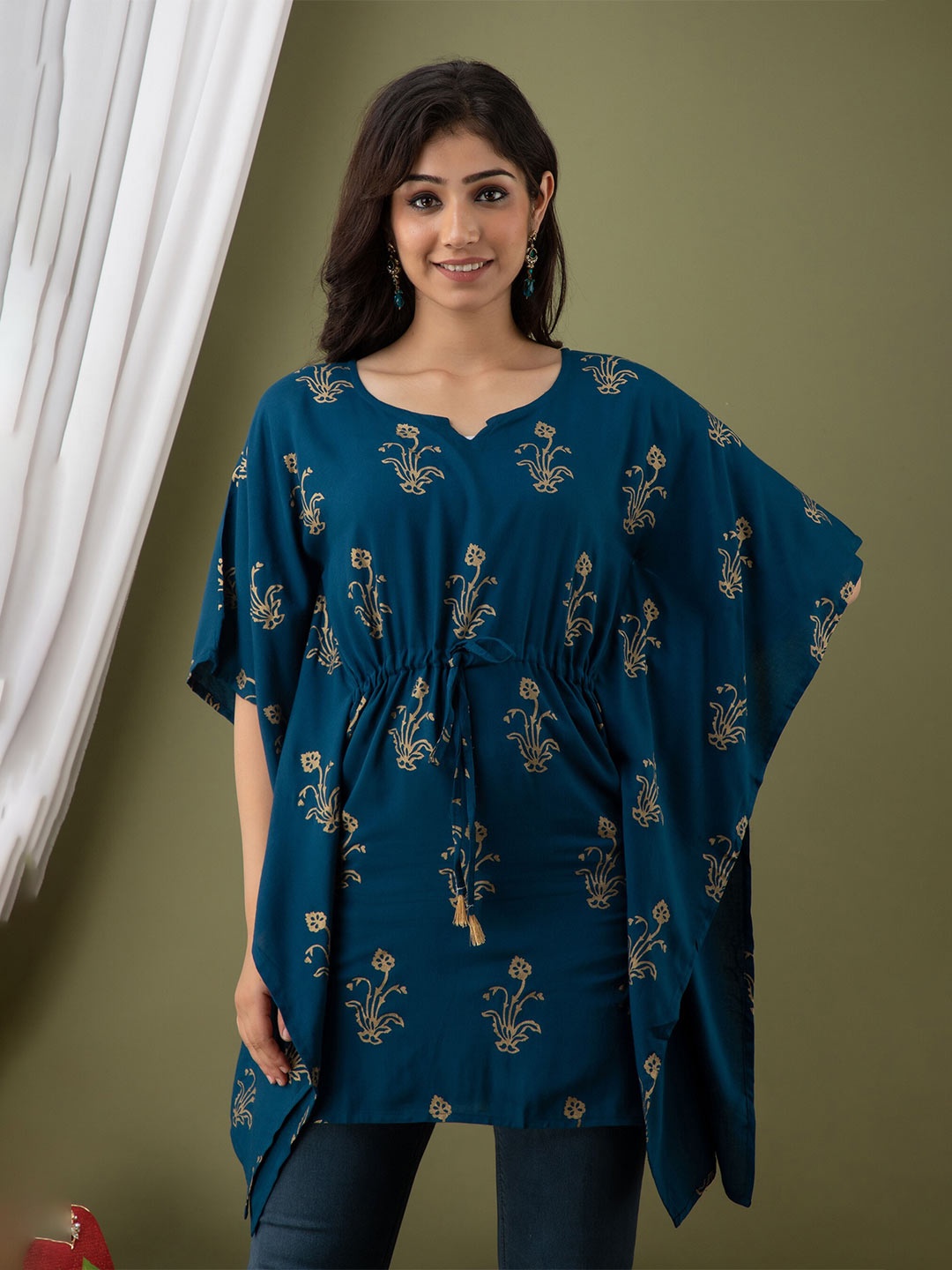 

Mialo fashion Ethnic Motifs Foil Printed Kimono Sleeves Kaftan Kurti, Teal